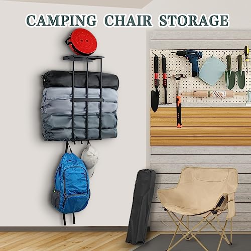 Camping Chair Rack for Garage Storage, Metal Camping Beach Chair Umbrella Holder Wall Mounted Rack Organizer Floating Shelf with 4 Hooks for Garage Organization