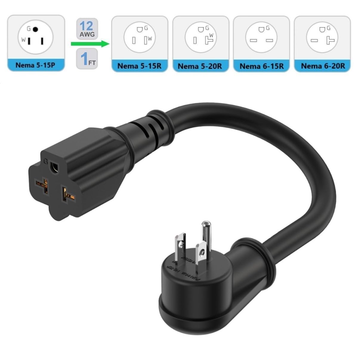 12AWG Right-Angle Plug Adapter 90-Degree 15Amp to 20Amp 1FT, 15 Amp Household Plug to 20 Amp T Blade Adapter Extender, Nema 5-15P to 5-15R/5-20R, 5-15P to 6-15R/6-20R, Angled 15A to 20A Extension cord