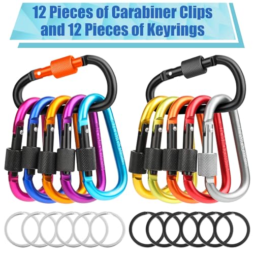 12 Pack Locking Carabiner D Ring Clips with Flat Key Rings for Outdoor & Everyday Use