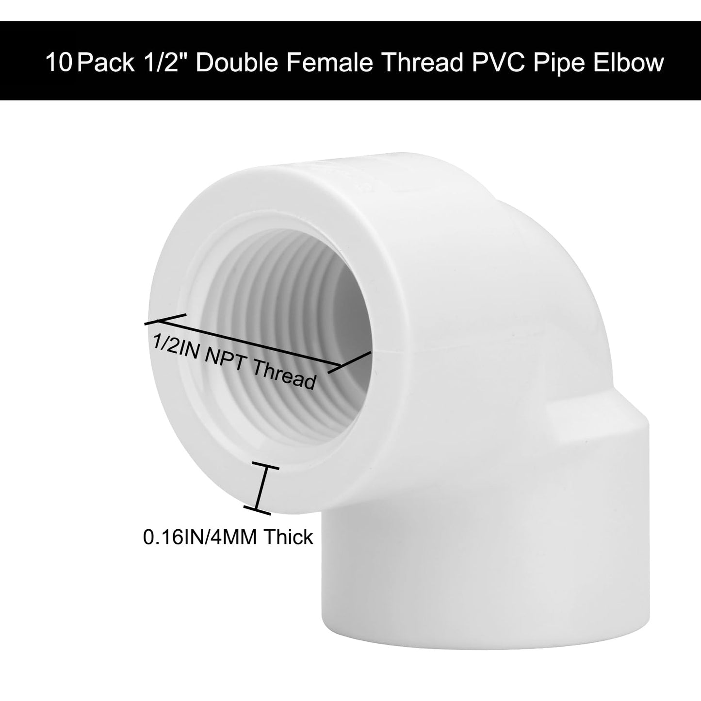 Lswteiz 10Pack 1/2" Double 90 Degree PVC Elbow Pipe Fitting Connector SCH40 1/2Inch Female to Female Threaded 90 Degree Elbow PVC Corner Adapter Pipe Fitting for Sprinkler, Irrigation
