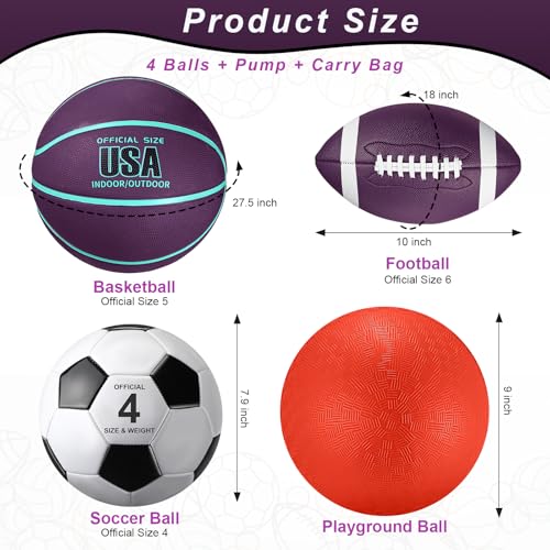 Deekin 4 Pcs Sport Balls Set Purple Teal – Soccer, Basketball, Football & Playground Ball with Pump