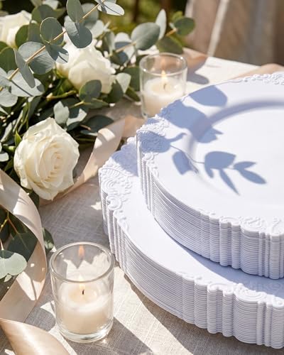 Morejoy White Plastic Plates Disposable 100pcs Set – 50 x 10.25'' Dinner + 50 x 7.5'' Dessert, White Elegent Package