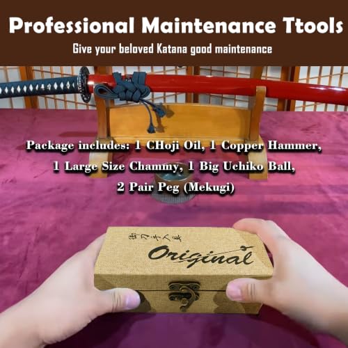 OKSs Brown Katana Cleaning Kit with Choji Oil, Copper Hammer, Chammy, Uchiko Ball, Mekugi-nuki (2 Pairs) - Samurai Sword Care