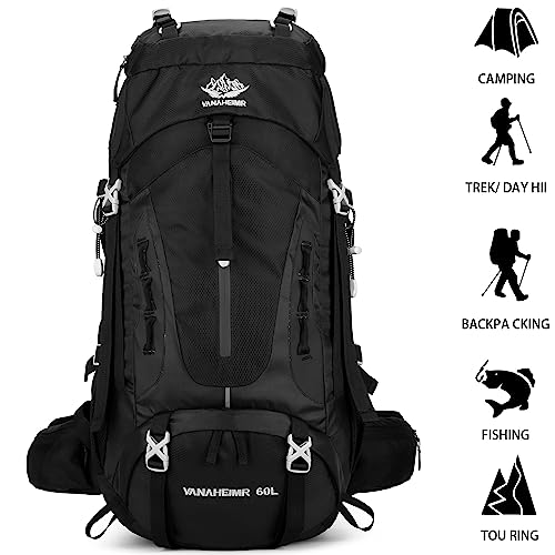 Esup 50L Waterproof Hiking Backpack for Men & Women - Deep Black