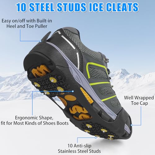 JSHANMEI Ice Cleats for Shoes XX-Large 10-13 Men / 11.5-13.5 Women, 10 Steel Studs