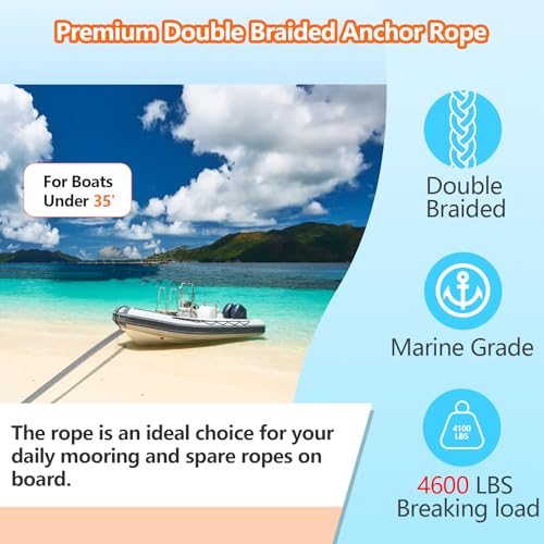 DEDU Gray 1/2 Inch x 150 FT Double Braided Marine Anchor Rope with Stainless Steel Thimble & Shackle - Ideal for Towing & Mooring, Boats Up to 35'