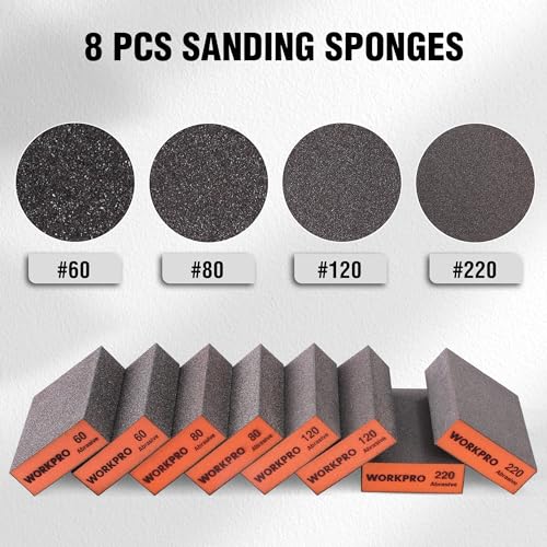 WORKPRO Sanding Sponge, 8 Pack Wet and Dry Dual-use Sanding Block, 60/80/120/220 Grit Assortment, Reusable Sandpaper Block for Wood, Metal, and Drywall