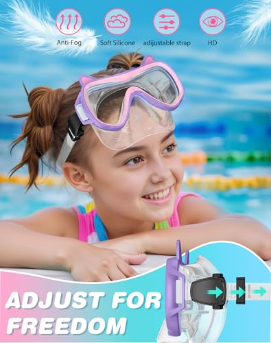 Kids Snorkel Set with Dry Top Mask & Fins - BlueGreen+VioletPink, Kid's Water Gear