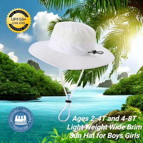 Kids UPF50+ Wide Brim Sun Hat for Boys & Girls, Mesh Water Bucket Hat, White, 4-8 Years