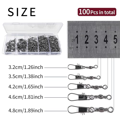 100Pcs Fishing Barrel Swivels with Snaps - 5 Sizes Carbon Steel Tackle Set