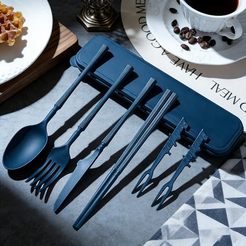 Camping Cutlery Set - Reusable Dark Blue Utensils with Case