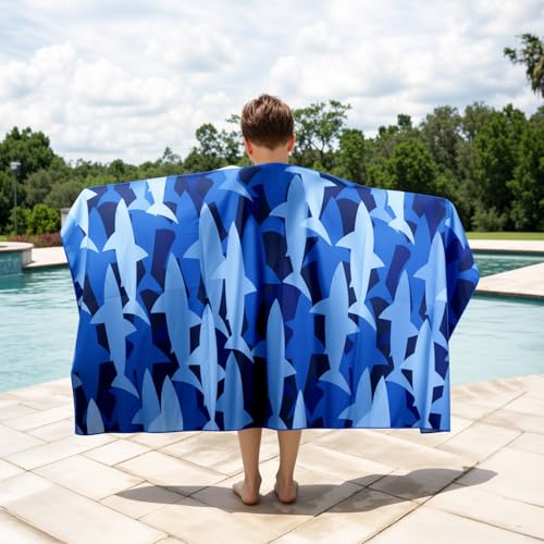 Large Microfiber Beach Towel - Blue Shark Design, Sand Free
