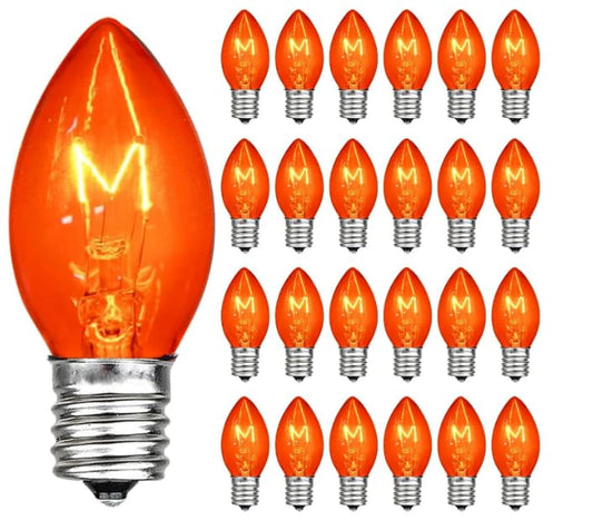 25 Pack Christmas String Light Bulbs, C7 Clear Orange Light Replacement Bulbs for Christmas Lights Indoor, Orange Light Bulb fits E12 Base, 5W Incandescent Bulbs for Christmas Decorations Outdoor
