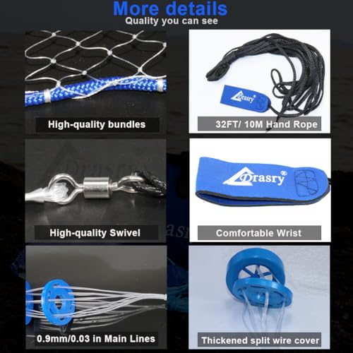 Drasry 10FT Cast Net with 3/8 Inch Mesh, Mono Zinc-Iron Sinkers, White B