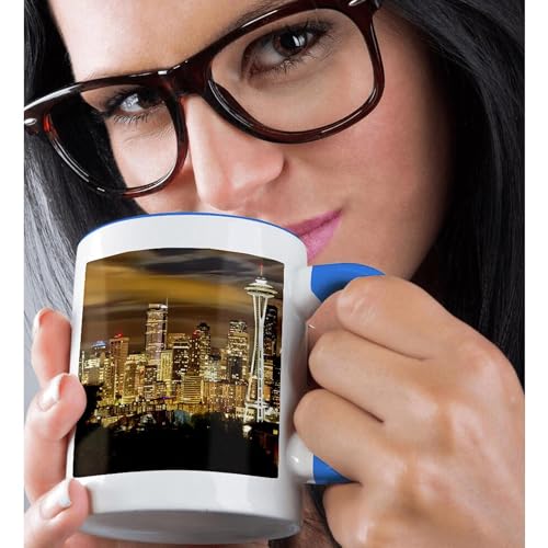 3dRose USA Seattle Skyline Night View 11oz Two-Tone Blue Mug