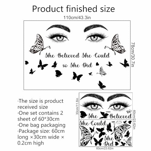 Black Eyelash Eyes Butterfly Wall Stickers, sacinora Inspirational Quotes Motivational Word DIY Wall Decals Removable Vinyl Peel and Stick for Women Girl Kids Living Room Bedroom Nursery Art Decor