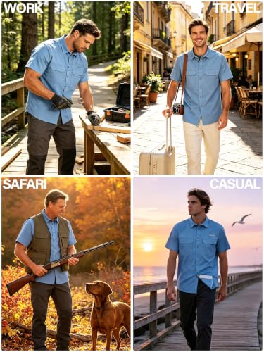 Satankud Men's Short Sleeve Hiking & Fishing Shirt XX-Large Mist Blue Sun Protection Cooling Travel