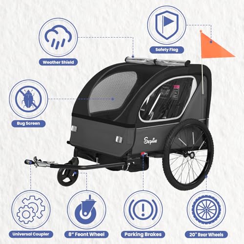 Kids Bike Trailer with Canopy & Pushcart - Black, 2-in-1 Design