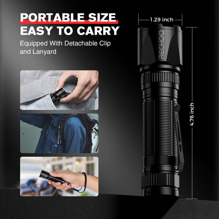 RECHOO Red LED Flashlight with Zoom, 3 Modes, Rechargeable, Portable for Hunting & Night Observation