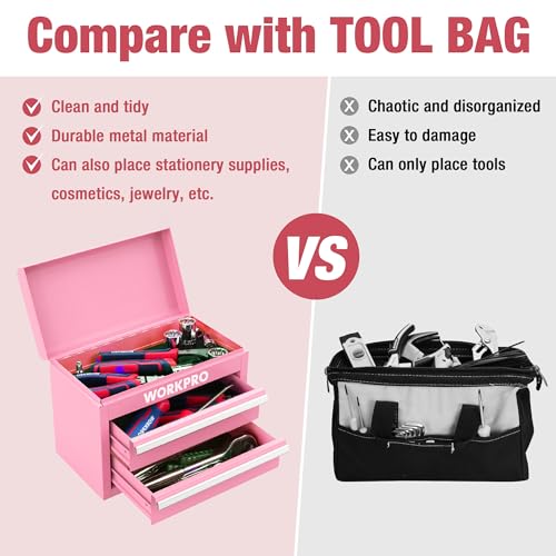 WORKPRO Mini Metal Tool Box with 2 Drawers and Top Storage, Small Tool Chest with PVC Liners and PP Feet Pads, Cold Rolled Steel Toolbox with Magnetic Tab - Pink Ribbon