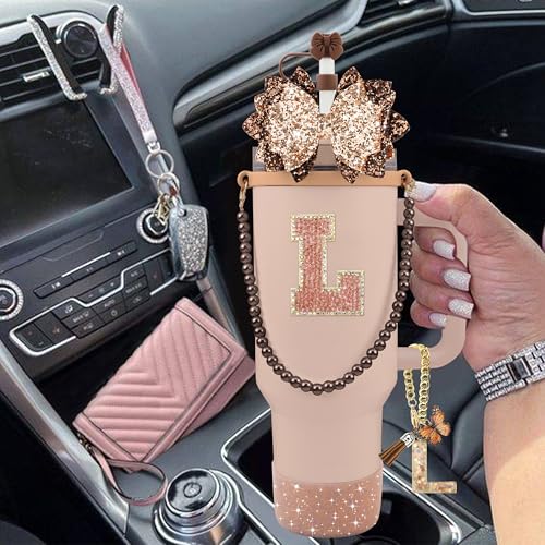 9PCS Bling Brown Stanley Cup Accessory Set - Letter L