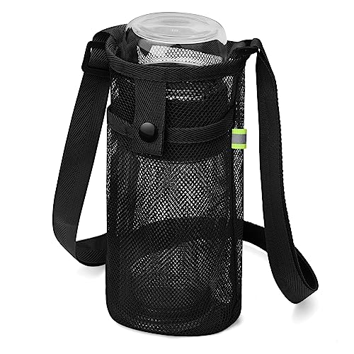 Mesh Water Bottle Holder with Pocket and Strap - Small, Black