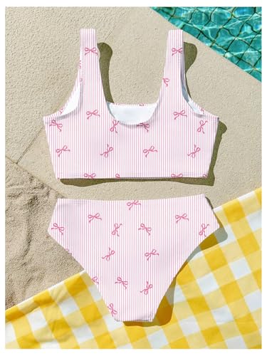 Pink 8 Years RoseSeek Girl's 2-Piece Striped Bowknot Swimsuit Set for Kids