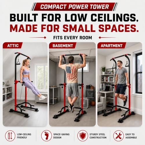 Adjustable Power Tower Pull Up Dip Station - Red, 330lbs Capacity