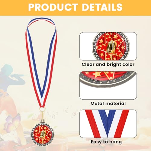 24 Red Microphone Medal Awards with Neck Ribbons for Music & Speech Competitions