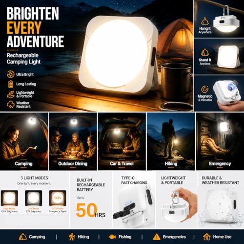 Rechargeable LED Camping Lantern - 2000mAh Battery, Waterproof, White