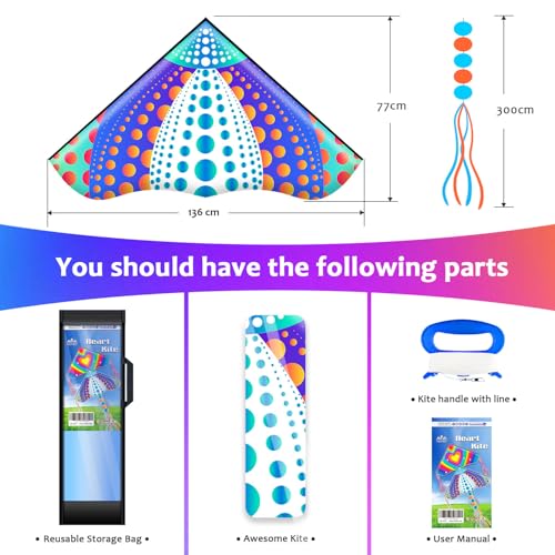 Honbo Large Delta Kite for Kids & Adults - Dots Pattern, Easy to Fly Beach Kite, Colorful Tail, Beginner Friendly, 53.5x30.3in