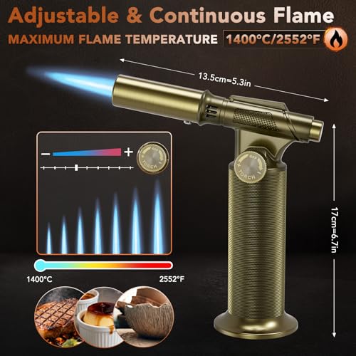 Butane Torch,Professional Metal Micro Torch, Waterproof and Windproof Blow Torch, Refillable & Adjustable Torch Lighter for Baking, Cooking, Welding (Butane Gas not Included)