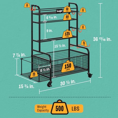 Yes4All Dumbbell Rack, Weight Rack for Home Gym, Sports Equipment Organizer for Dumbbells Kettlebells Yoga Mat Foam Roller and Balls, All in One Gym Workout Storage with Basket, Wheels and Hooks