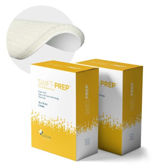 Swift-Prep Wound Debridement Pad - 10cm x 10cm - Pack of 5 - Super Soft - Fibre Free - Highly Absorbent - Non-Adhesive - Foam Dressing