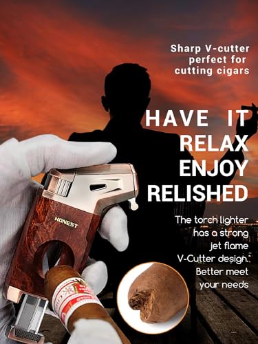 Jaerdhs Refillable Windproof Butane Torch Lighter with V Cutter & Fuel Window – Adjustable Gas Flame for Camping, Grilling, & DIY