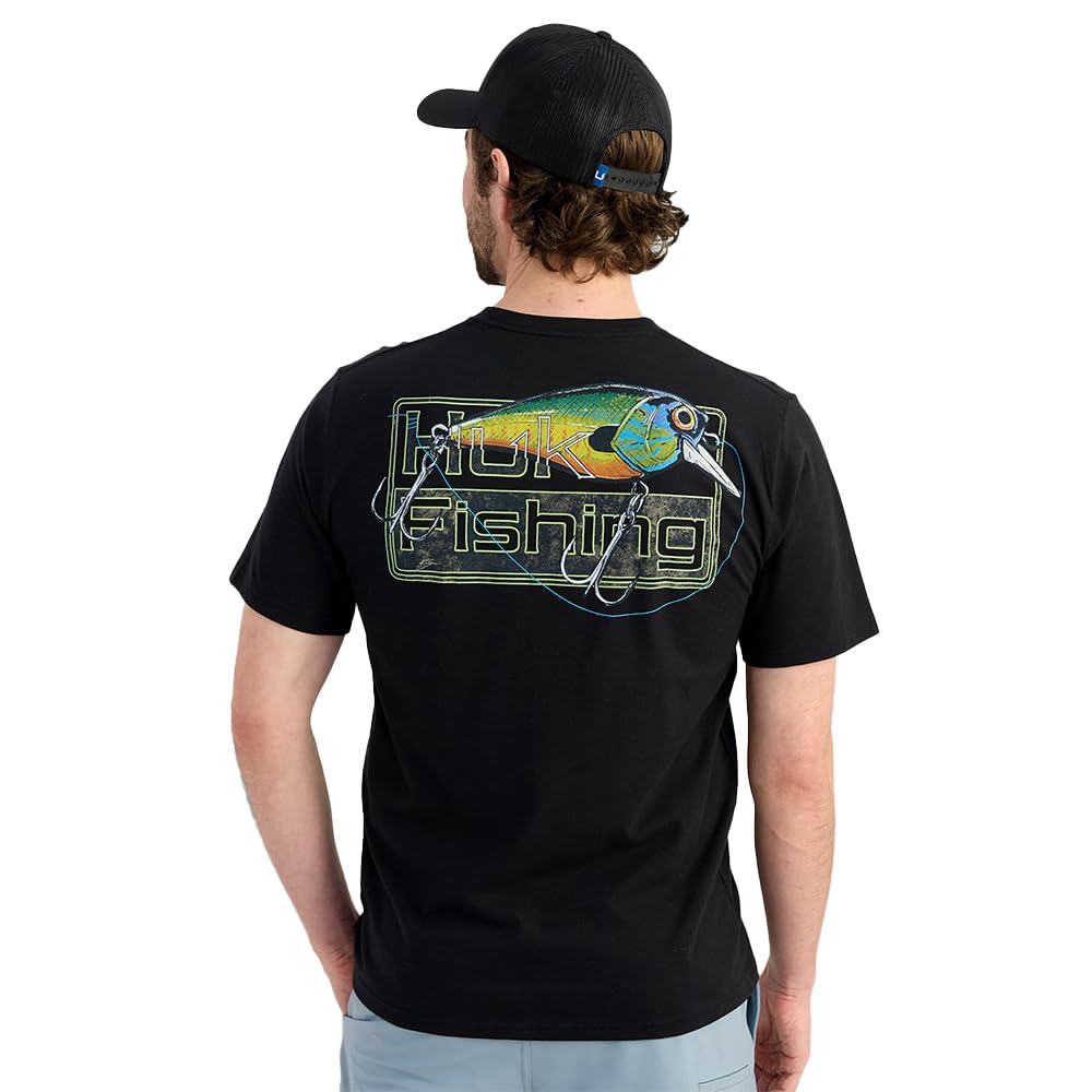 HUK Mens KC Scott Pocket Tee, Comfortable Performance Fishing Short Sleeve T-Shirt with Chest Pocket, Lures - Black, X-Large