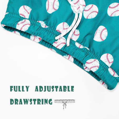 BRISIRA 10-12 Years Boys Swim Trunks - Green White Baseball Pattern Anti-Chafe Compression Boxer Brief Liner