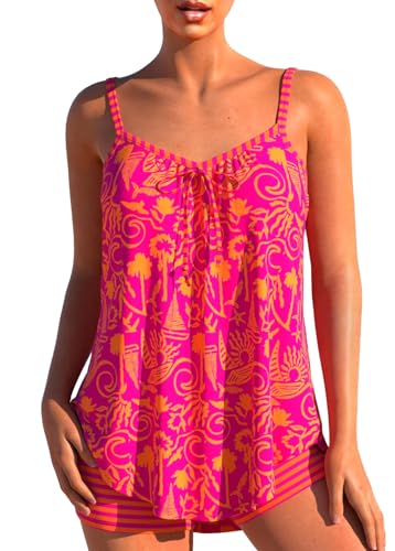 MODLILY Women's X-Large Pink Graffiti Print Curved Hem Tankini Swimsuit