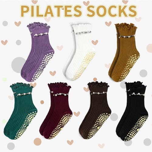 Pilates Grip Ankle Socks for Women - Non-Slip Ruffle Style, One Size / Black, Coffee, Wine Red - 3 Pairs
