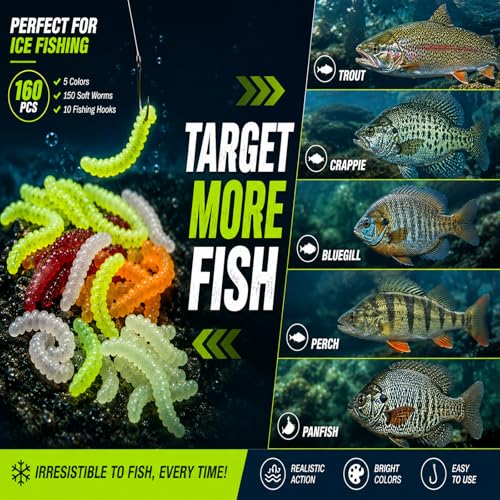 160PCS Ice Fishing Lure Kit - Soft Plastic Worm Baits & Hooks