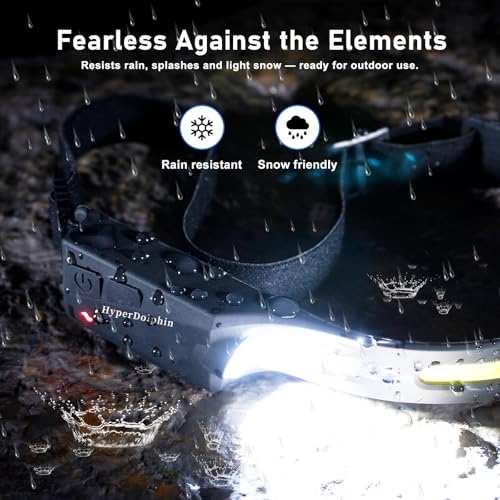 HyperDolphin Headlamp Rechargeable USB-C 230° Wide Beam — Black, 68g, Water-Resistant