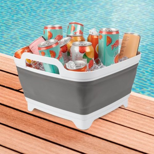 Collapsible Wash Basin - 9L Portable Sink with Drain - Plastic Tub Dish Pan for Camping, Handwashing Laundry, or Dishes by Wakeman Outdoors (Gray)