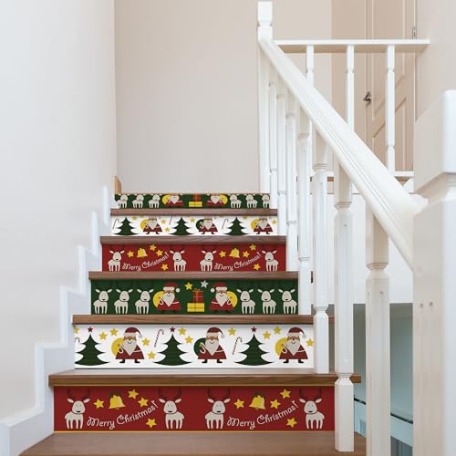 AMAZING WALL Peel and Stick Removable Christmas Party Decoration Santa Tree Reindeer Risers Stairs Self Adhesive Wall Sticker Set 6 PCS