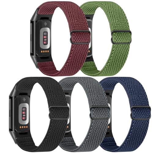 Bcuckood 5 Pack Elastic Nylon Watch Bands for Fitbit Charge 6/5 - Adjustable Breathable Sport Straps, Includes Black, Grey, Indigo, Navy Green, Wine Red