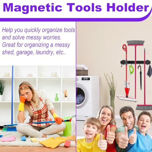 Magnetic Mop Broom Holder, Heavy Duty Magnetic Mop Hanger with Swivel Hooks for Cleaning Tools, Strong Magnet Mount Tool Hanger Organize System Utility Rack for Refrigerators Laundry Garage Kitchen