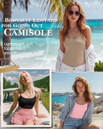 Women's Cami Bodysuits 3 Pack - Camel, Pink, Black - Large