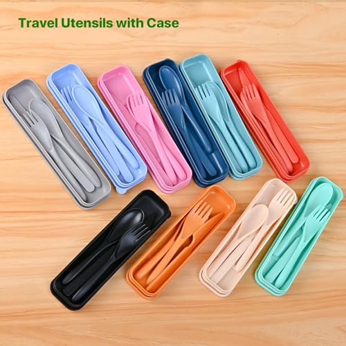 Reusable Travel Utensil Set with Case - Wheat Straw Portable Cutlery - Black
