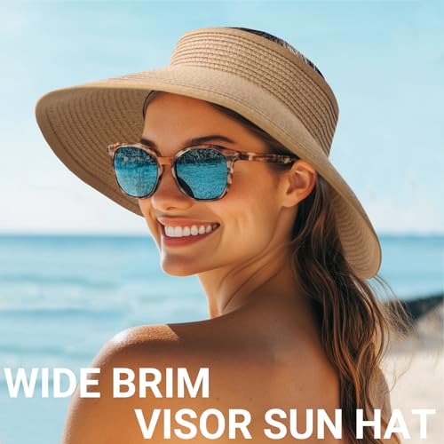 Wide Brim Straw Sun Visor Hat for Women - Classic Khaki