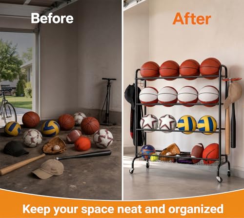 4-Tier Heavy-Duty Ball Storage Rack with Wheels & Baskets