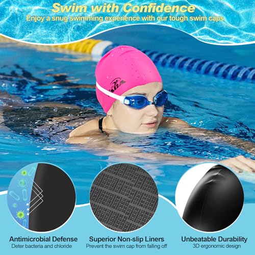 Silicone Swim Cap for Adults - 2 Pack with Ear Plugs, Black & Rose Red